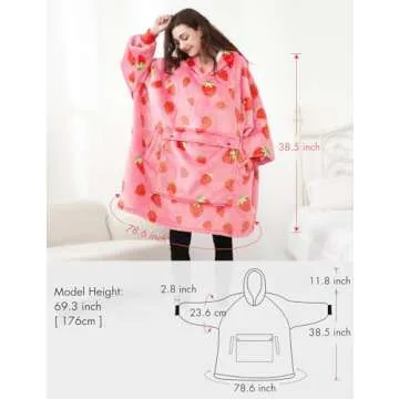 KFUBUO Wearable Blanket Hoodie for Adults Sherpa All Patterns Oversized Sweatshirt Blanket with Pockets Cute Birthday Gifts for Sister Strawberry