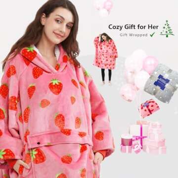 KFUBUO Wearable Blanket Hoodie for Adults Sherpa All Patterns Oversized Sweatshirt Blanket with Pockets Cute Birthday Gifts for Sister Strawberry