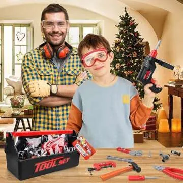 STEAM Life Kids Toddler Tool Set - Toy Tool Set with Electric Toy Drill, Toddler Tool Box, Toy Hammer, Red Manual Drill Tool Play Set - Pretend Play Toy Tools for Kids Ages 3 4 5 6 7 8 Year Old Boy