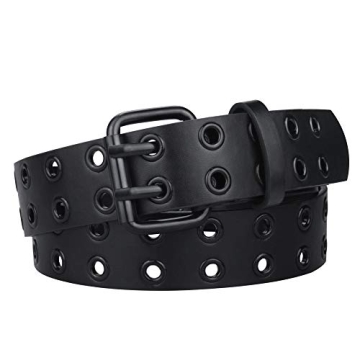 macoking Womens Belts for Jeans - Studded Double Grommets Black Goth Belt for Teens-M