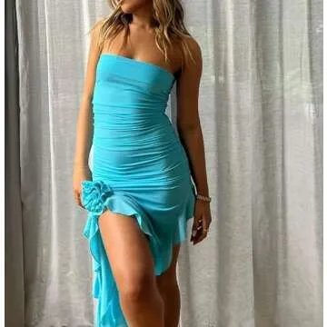 Women Ruffle Ruched Mini Dress Sleeveless Lace Up Short Dresses Irregular Hem Smocked Dress Y2K Night Party Wear