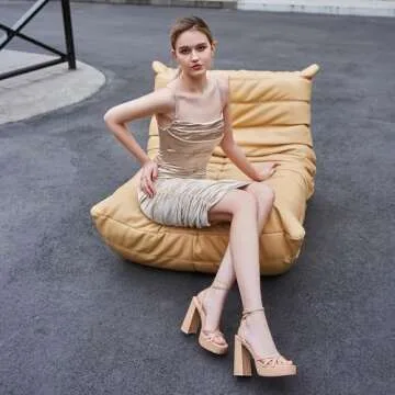 Abbleet Platform Heels for Women Strappy Block Chunky High Heels Open Toe Ankle Strap Sandals Fashion Lace Up Wedding Party Evening Prom Dance Dress Shoes(Nude,7.5)