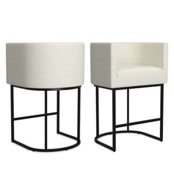 CarterChairr Counter Height Bar Stools Set of 2, 26.4" H Seat Height Upholstered Linen Barrel Counter Stools with Wrap-Around Back and Metal Legs for Kitchen Island, Performance Fabric in Beige