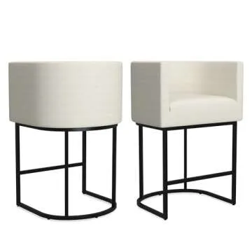 CarterChairr Counter Height Bar Stools Set of 2, 26.4" H Seat Height Upholstered Linen Barrel Counter Stools with Wrap-Around Back and Metal Legs for Kitchen Island, Performance Fabric in Beige