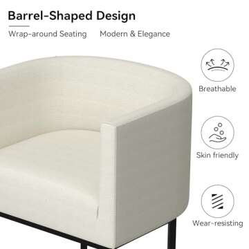 CarterChairr Counter Height Bar Stools Set of 2, 26.4" H Seat Height Upholstered Linen Barrel Counter Stools with Wrap-Around Back and Metal Legs for Kitchen Island, Performance Fabric in Beige