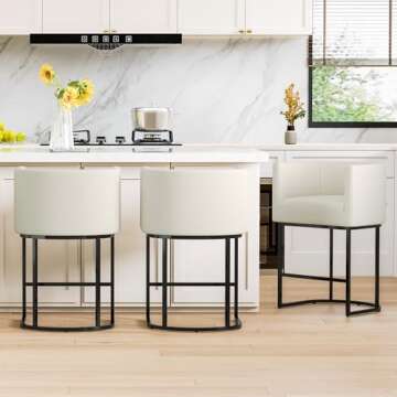 CarterChairr Counter Height Bar Stools Set of 2, 26.4" H Seat Height Upholstered Linen Barrel Counter Stools with Wrap-Around Back and Metal Legs for Kitchen Island, Performance Fabric in Beige