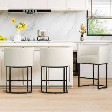 CarterChairr Counter Height Bar Stools Set of 2, 26.4" H Seat Height Upholstered Linen Barrel Counter Stools with Wrap-Around Back and Metal Legs for Kitchen Island, Performance Fabric in Beige