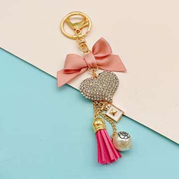 SWJEWEL Rhinestone Heart Keychain for Women Pink Bowknot Tassel Cute Car Key Ring Accessories Girl B...