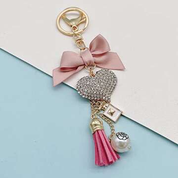 SWJEWEL Rhinestone Heart Keychain for Women Pink Bowknot Tassel Cute Car Key Ring Accessories Girl Bag Charms Handbag Purse Backpack Pendant Charms (Pink)