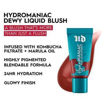 Urban Decay Hydromaniac Dewy Liquid Blush (Rebellious - Burnt Terracotta), Long-Lasting & Buildable Plumping Cheek Tint with 24HR Hydration, Kombucha Filtrate and Marula Oil, Vegan - 0.5 fl oz