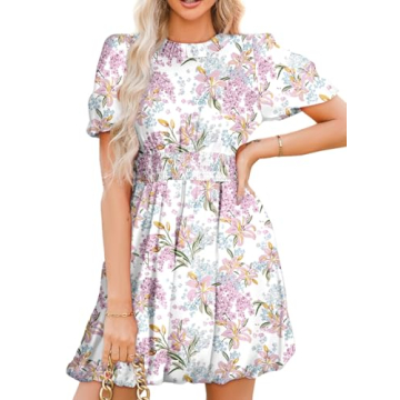 Dokotoo Spring Dresses for Women 2024 Crew Neck Puff Sleeve Elegant Tie Knot Short Dress Empire Wais...