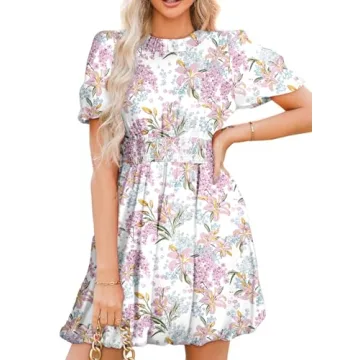 Dokotoo Spring Dresses for Women 2024 Crew Neck Puff Sleeve Elegant Tie Knot Short Dress Empire Wais...