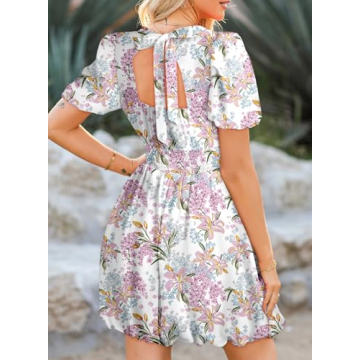 Dokotoo Spring Dresses for Women 2024 Crew Neck Puff Sleeve Elegant Tie Knot Short Dress Empire Waist Dresses Fashion Summer Beach Floral Boho Dresses Purple Medium
