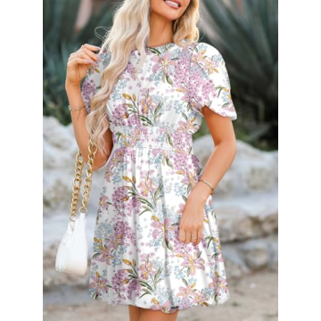 Dokotoo Spring Dresses for Women 2024 Crew Neck Puff Sleeve Elegant Tie Knot Short Dress Empire Waist Dresses Fashion Summer Beach Floral Boho Dresses Purple Medium