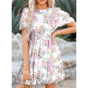 Dokotoo Spring Dresses for Women 2024 Crew Neck Puff Sleeve Elegant Tie Knot Short Dress Empire Waist Dresses Fashion Summer Beach Floral Boho Dresses Purple Medium