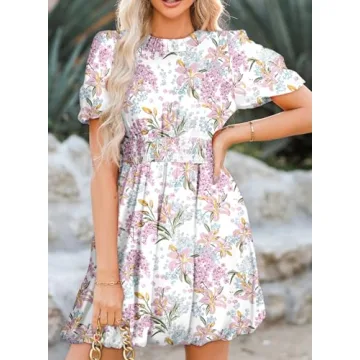 Dokotoo Spring Dresses for Women 2024 Crew Neck Puff Sleeve Elegant Tie Knot Short Dress Empire Waist Dresses Fashion Summer Beach Floral Boho Dresses Purple Medium