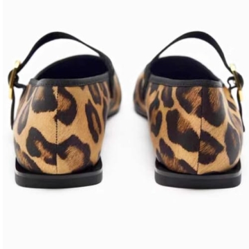 Moyilishan Women's Leopard Hair Mary Jane Flats Square Toe Bow Tie Ballet Flats for Women Buckle Strap Comfortable Ballerina Shoes in Size 7.5