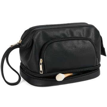 Telena Makeup Bag Large Capacity Travel Cosmetic Bags Double Layer Portable Leather Make Up Bag for ...