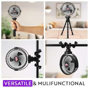 bubblebum Portable Fan, Rechargeable Travel Fan, Clip on Baby Stroller Fan for Bed, Car, Treadmill and Bike, Mini Portable Fan with 3 Speed and LED Light Settings plus 360° Rotation – Black