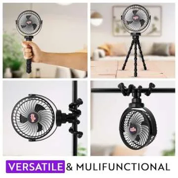 bubblebum Portable Fan, Rechargeable Travel Fan, Clip on Baby Stroller Fan for Bed, Car, Treadmill and Bike, Mini Portable Fan with 3 Speed and LED Light Settings plus 360° Rotation – Black