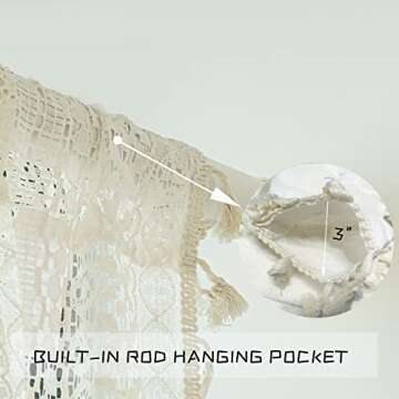 Boho Vintage Sheer Curtains for Bedroom Living Room , 2 Panels 84 inch Long Rustic Farmhouse Crochet Light Filtering Bohemian Cotton Linen Lace Window Curtains With Tassel (58”W x 84”L ,Beige)