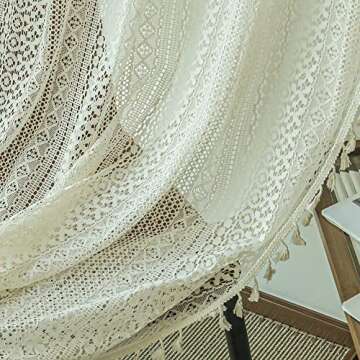 Boho Vintage Sheer Curtains for Bedroom Living Room , 2 Panels 84 inch Long Rustic Farmhouse Crochet Light Filtering Bohemian Cotton Linen Lace Window Curtains With Tassel (58”W x 84”L ,Beige)