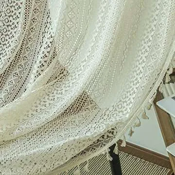 Boho Vintage Sheer Curtains for Bedroom Living Room , 2 Panels 84 inch Long Rustic Farmhouse Crochet Light Filtering Bohemian Cotton Linen Lace Window Curtains With Tassel (58”W x 84”L ,Beige)