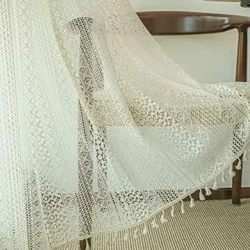 Boho Vintage Sheer Curtains for Bedroom Living Room , 2 Panels 84 inch Long Rustic Farmhouse Crochet Light Filtering Bohemian Cotton Linen Lace Window Curtains With Tassel (58”W x 84”L ,Beige)