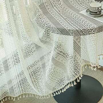 Boho Vintage Sheer Curtains for Bedroom Living Room , 2 Panels 84 inch Long Rustic Farmhouse Crochet Light Filtering Bohemian Cotton Linen Lace Window Curtains With Tassel (58”W x 84”L ,Beige)