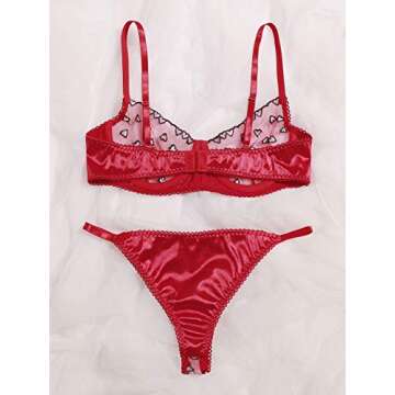 WDIRARA Women's Mesh Heart Embroidery Satin Lingerie Set Straps Bra and Panty Multicolored S