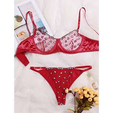 WDIRARA Women's Mesh Heart Embroidery Satin Lingerie Set Straps Bra and Panty Multicolored S