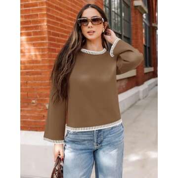 ZESICA Women's Oversized Long Sleeve Sweaters Fall Crewneck Color Block Loose Ribbed Knit Pullover Tops,Khaki,X-Large