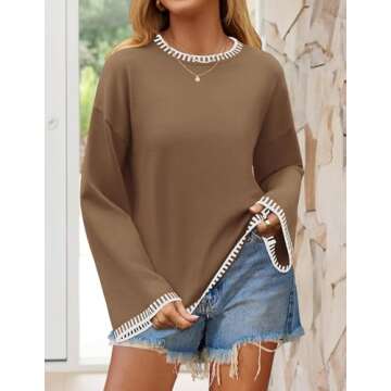 ZESICA Women's Oversized Long Sleeve Sweaters Fall Crewneck Color Block Loose Ribbed Knit Pullover Tops,Khaki,X-Large