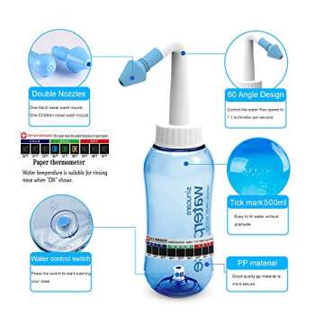 Darate Neti Pot Sinus Rinse Bottle - Nasal Irrigation Cleaner with Thermometer