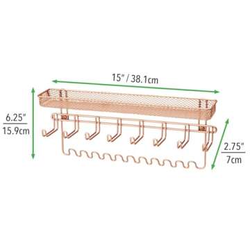 mDesign Steel Wall Mount Bedroom Closet Jewelry Storage Organizer Rack with 8 Hooks/Basket - Decorative Hanger Holder for Necklace, Bracelet, Belt, Accessories - Concerto Collection, Rose Gold