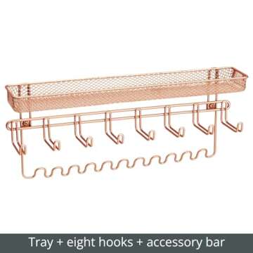 mDesign Steel Wall Mount Bedroom Closet Jewelry Storage Organizer Rack with 8 Hooks/Basket - Decorative Hanger Holder for Necklace, Bracelet, Belt, Accessories - Concerto Collection, Rose Gold