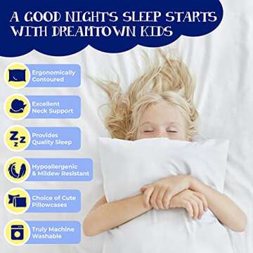 Dreamtown Kids Toddler Pillow & Pillowcase, Hypoallergenic & Made in USA. Ideal for Crib, Bed & Trav...