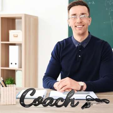 Yalikop 3 Pcs 2025 Coach Gifts Coach Wood Sign Coach Pen Whistles with Lanyard Coach Whistle Wooden Letters Sign for Graduation Gift Men Women Referees Sports Office Sports Decorations(Black Sign)