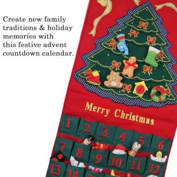Merry Christmas Green Tree Advent Calendar by Pockets of Learning | Festive Holiday Décor, Seasonal Fabric Wall Hanging | Cloth Christmas Countdown w/ 24 Stuffed Cloth Ornaments