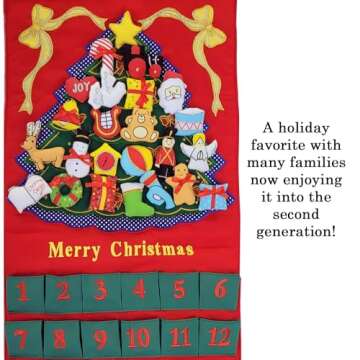Merry Christmas Green Tree Advent Calendar by Pockets of Learning | Festive Holiday Décor, Seasonal Fabric Wall Hanging | Cloth Christmas Countdown w/ 24 Stuffed Cloth Ornaments