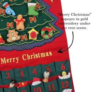 Merry Christmas Green Tree Advent Calendar by Pockets of Learning | Festive Holiday Décor, Seasonal Fabric Wall Hanging | Cloth Christmas Countdown w/ 24 Stuffed Cloth Ornaments