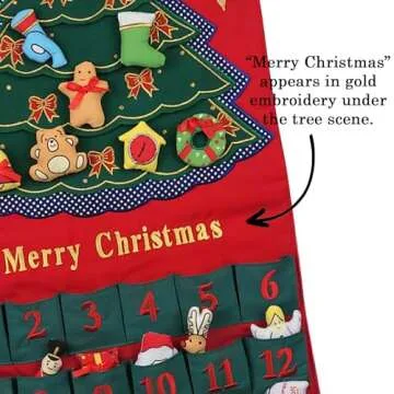 Merry Christmas Green Tree Advent Calendar by Pockets of Learning | Festive Holiday Décor, Seasonal Fabric Wall Hanging | Cloth Christmas Countdown w/ 24 Stuffed Cloth Ornaments