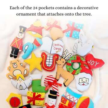 Merry Christmas Green Tree Advent Calendar by Pockets of Learning | Festive Holiday Décor, Seasonal Fabric Wall Hanging | Cloth Christmas Countdown w/ 24 Stuffed Cloth Ornaments