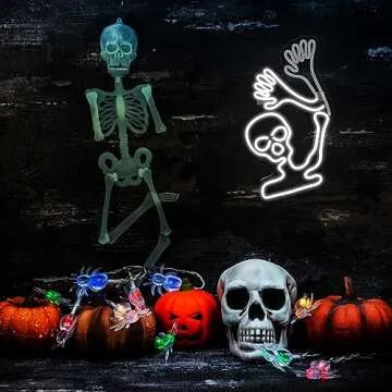 WLHOPE Skull Neon Signs Skeleton Skull White LED Neon Signs for Wall Decor, Skull Halloween Decor,USB Waving Ghost Neon Light Up Signs for Bedroom Kid’s Room Bar Club Shops Halloween Party Decoration