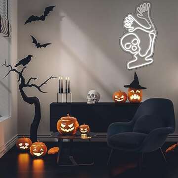 WLHOPE Skull Neon Signs Skeleton Skull White LED Neon Signs for Wall Decor, Skull Halloween Decor,USB Waving Ghost Neon Light Up Signs for Bedroom Kid’s Room Bar Club Shops Halloween Party Decoration