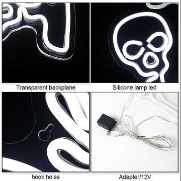 WLHOPE Skull Neon Signs Skeleton Skull White LED Neon Signs for Wall Decor, Skull Halloween Decor,USB Waving Ghost Neon Light Up Signs for Bedroom Kid’s Room Bar Club Shops Halloween Party Decoration