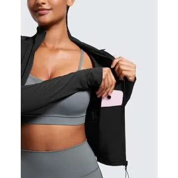 CRZ YOGA Butterluxe Womens Cropped Slim Fit Workout Jacket Weightless Track Athletic Full Zip Up Tops with Thumb Holes Black Large