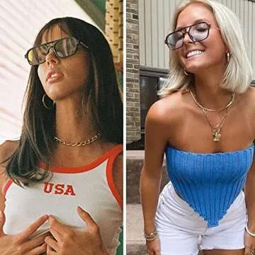 NULOOQ Retro 70s Flat Aviator Sunglasses for Women Men, Vintage Square Small Frame Shades Driving UV400 Protection (Orange/Blue + Black/Yellow) - 2 Pack
