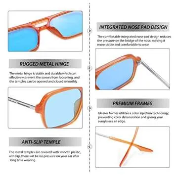 NULOOQ Retro 70s Flat Aviator Sunglasses for Women Men, Vintage Square Small Frame Shades Driving UV400 Protection (Orange/Blue + Black/Yellow) - 2 Pack