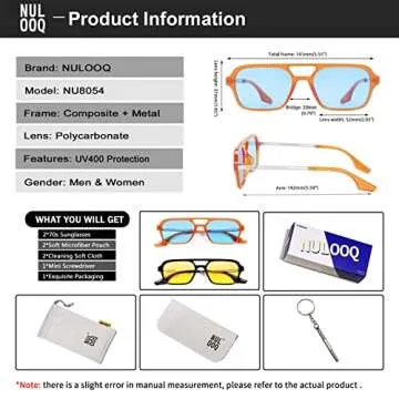 NULOOQ Retro 70s Flat Aviator Sunglasses for Women Men, Vintage Square Small Frame Shades Driving UV400 Protection (Orange/Blue + Black/Yellow) - 2 Pack